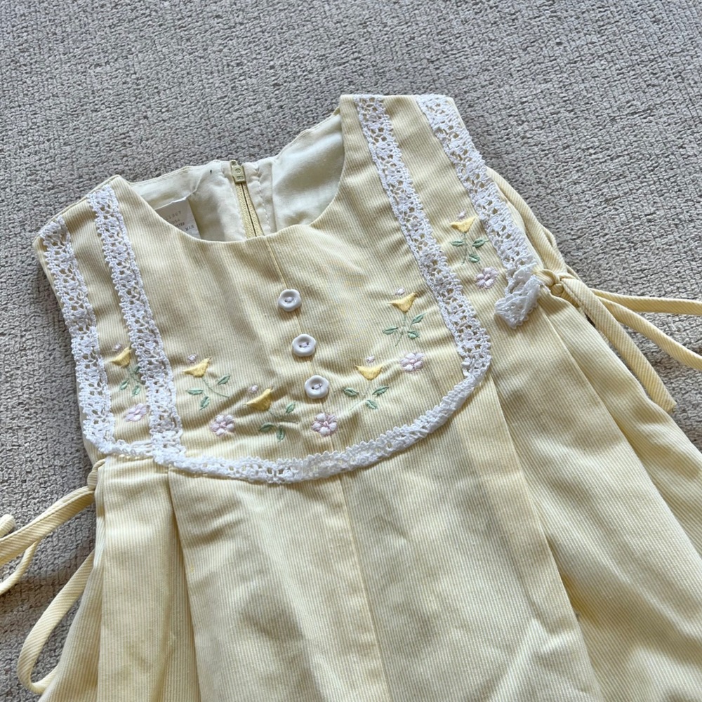Vintage Yellow Seersucker Floral Embroidered Lace Trim Romper Jumpsuit 24 Months